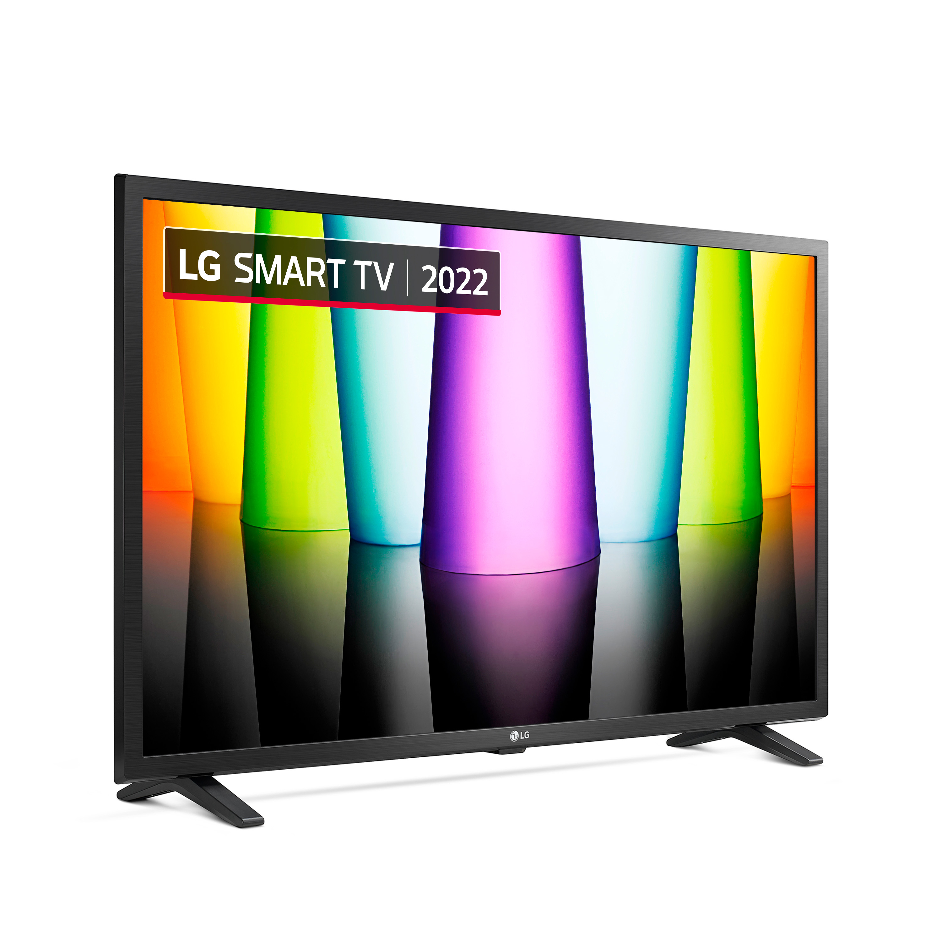 Una Smart TV LG con un design astratto colorato. Lo schermo ha un banner rosso che dice 'LG SMART TV 2022'.