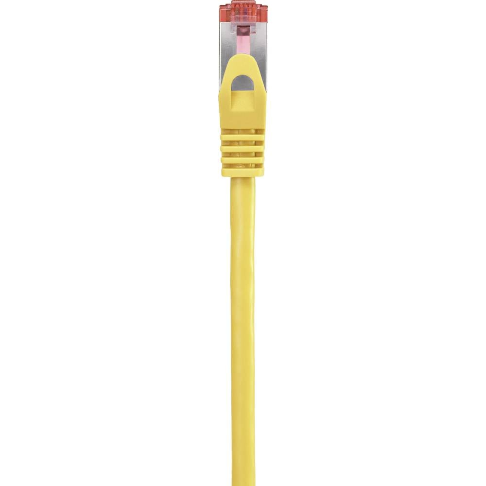 Cavo di rete giallo con connettore rosso e trasparente.