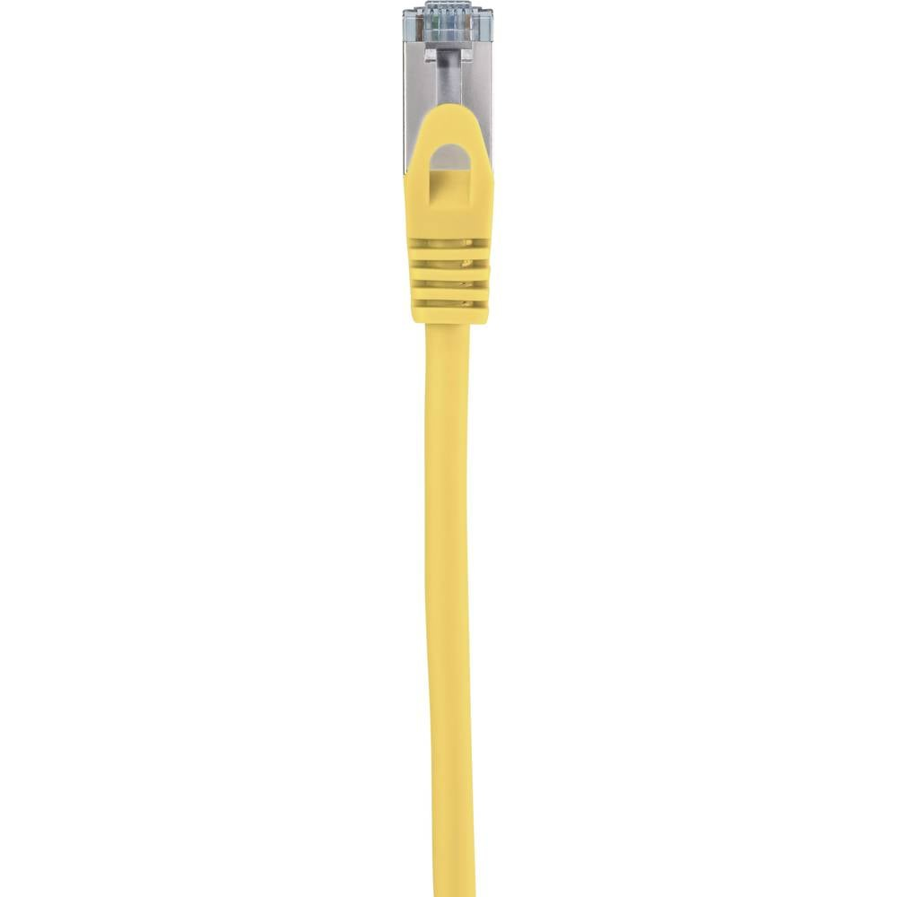Un cavo di rete giallo con un connettore. Lo sfondo è bianco.