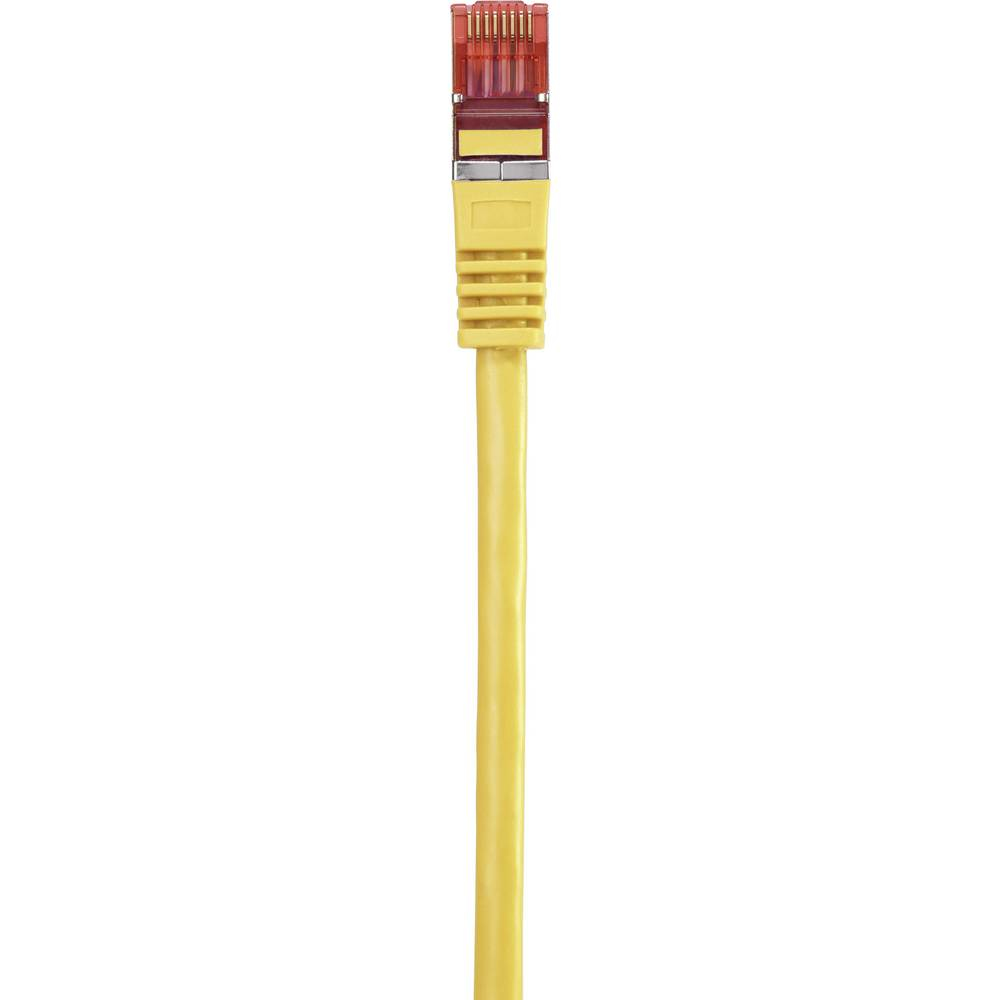 Un cavo Ethernet giallo con un connettore rosso. Il cavo è dritto con una visione chiara del connettore.