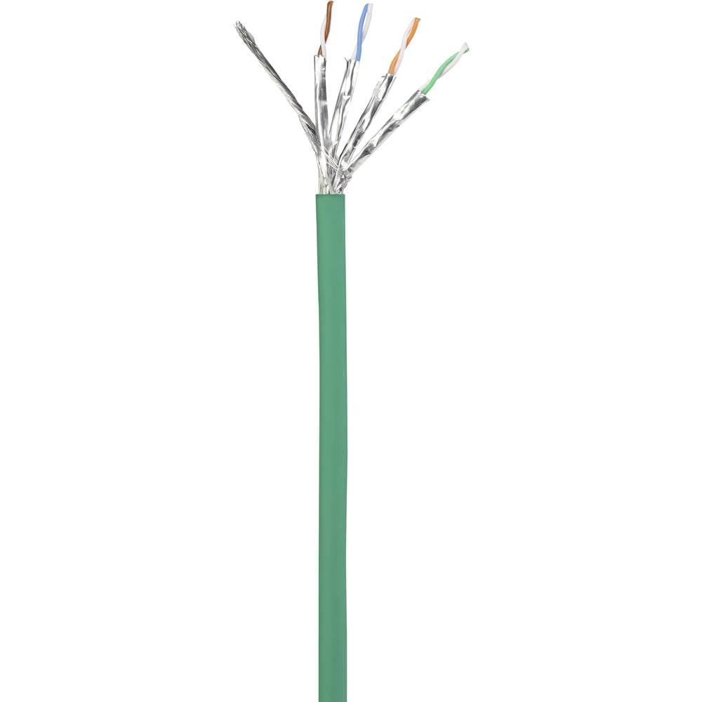 Cavo Ethernet verde, spellato. Fili esposti, con schermatura argentata e fili colorati.