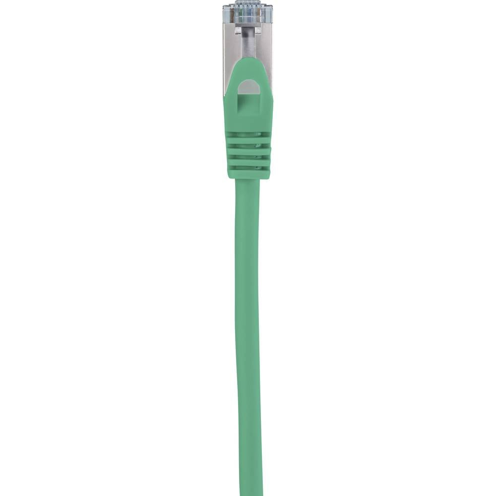 Cavo ethernet verde con connettore RJ45, linguetta verde. Sfondo bianco.