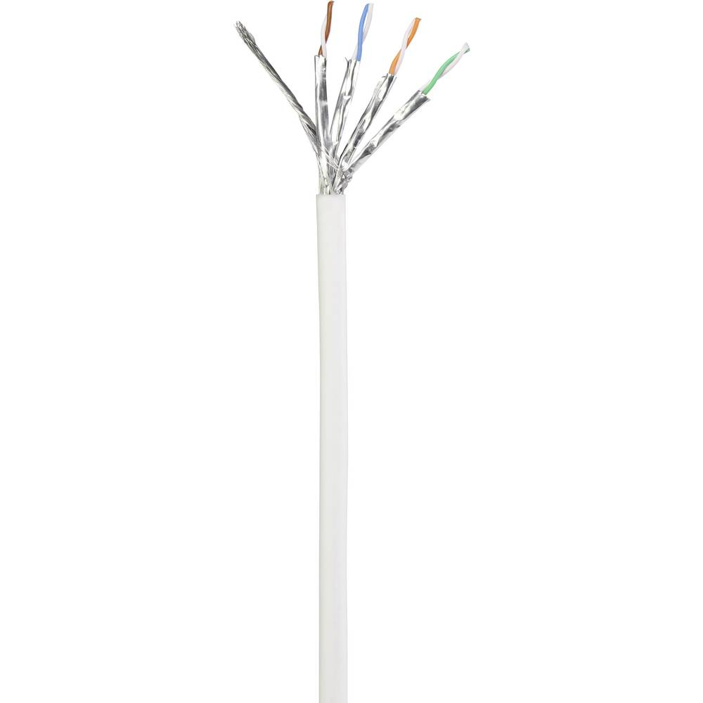 Un cavo Ethernet bianco con l'estremità tagliata che mostra i fili. Schermatura argentata e fili colorati sono visibili.