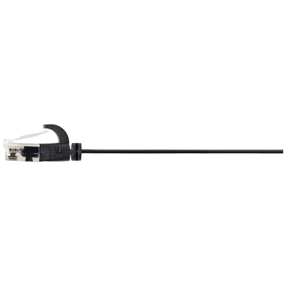 Primo piano di un connettore per cavo Ethernet nero. Un cavo Ethernet nero con connettore trasparente.