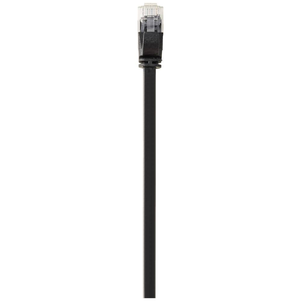 Un cavo ethernet nero con un connettore all'estremità, su sfondo bianco.