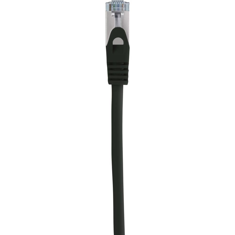 Cavo Ethernet nero con connettore nero, su sfondo bianco.