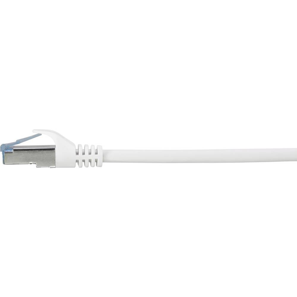 Un cavo Ethernet bianco con un connettore argentato. Il connettore è sul lato sinistro.