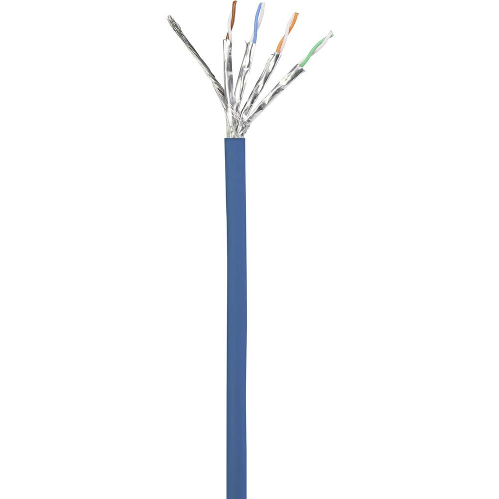 Cavo Ethernet blu, spellato. Fili esposti, con schermatura argentata e fili colorati.