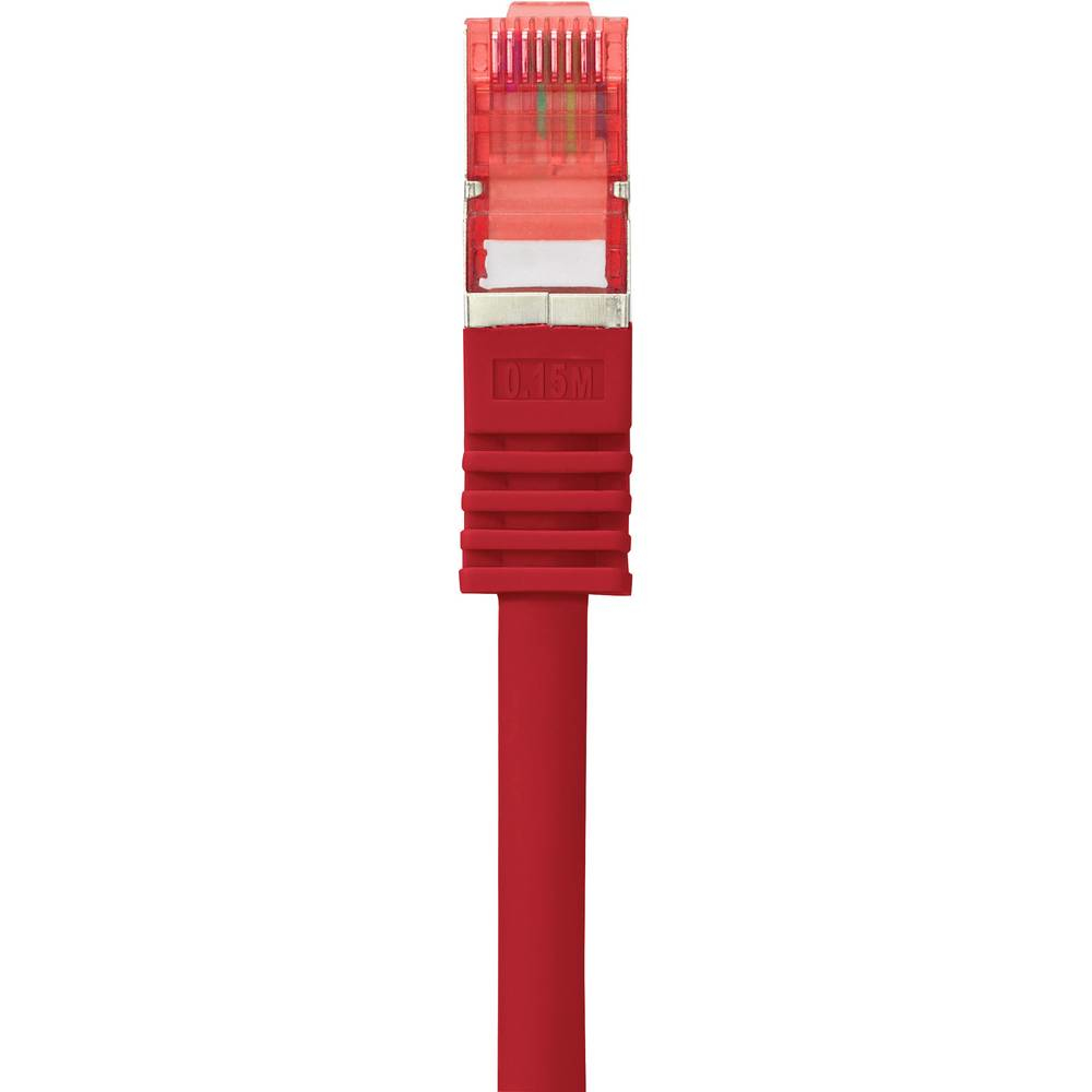 Cavo Ethernet rosso con connettore rosso, su sfondo bianco.