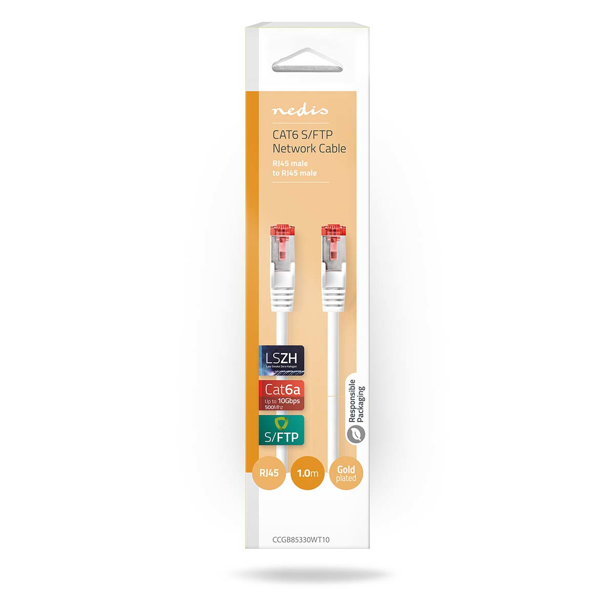Confezione cavo di rete bianca. Dettagli testo: CAT6 S/FTP, RJ45 maschio a maschio, 1.0m.