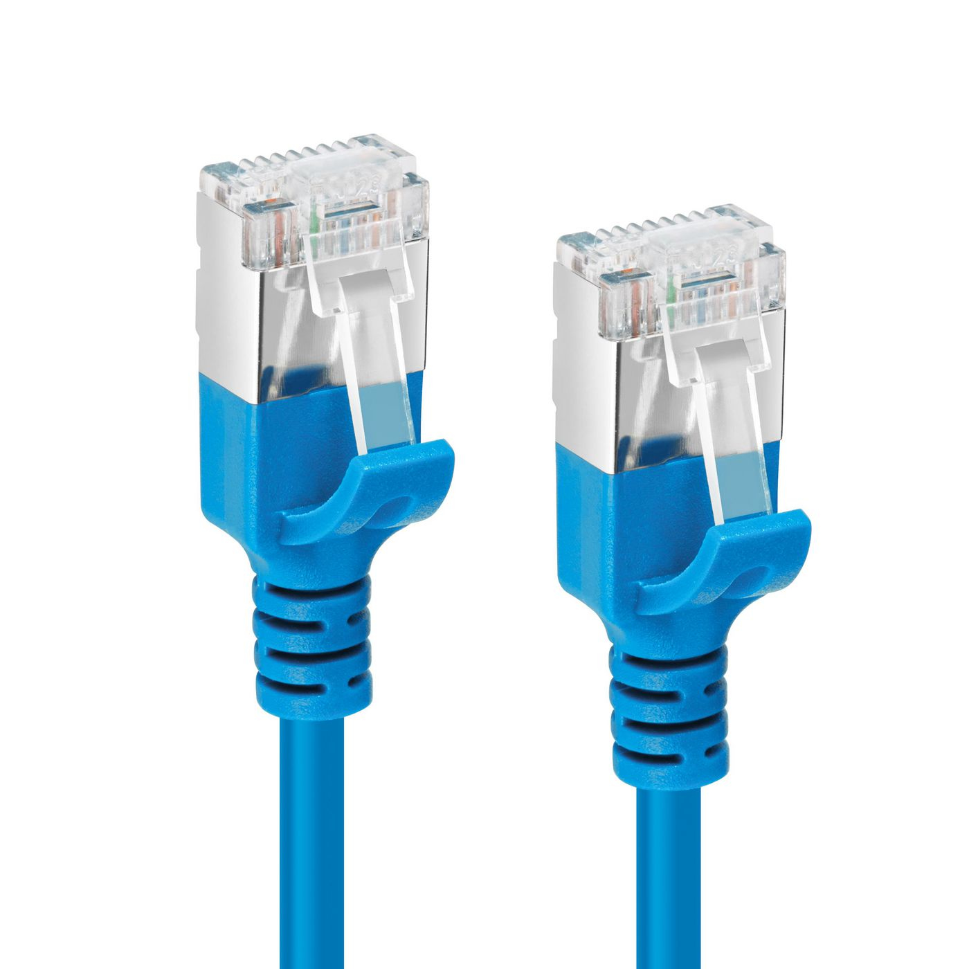 Twee blauwe Ethernet-kabels met blauwe connectoren, tegen een witte achtergrond.