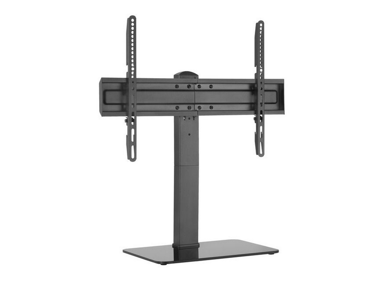 Supporto TV nero, telaio in metallo. Supporto verticale con bracci orizzontali per montare una TV.