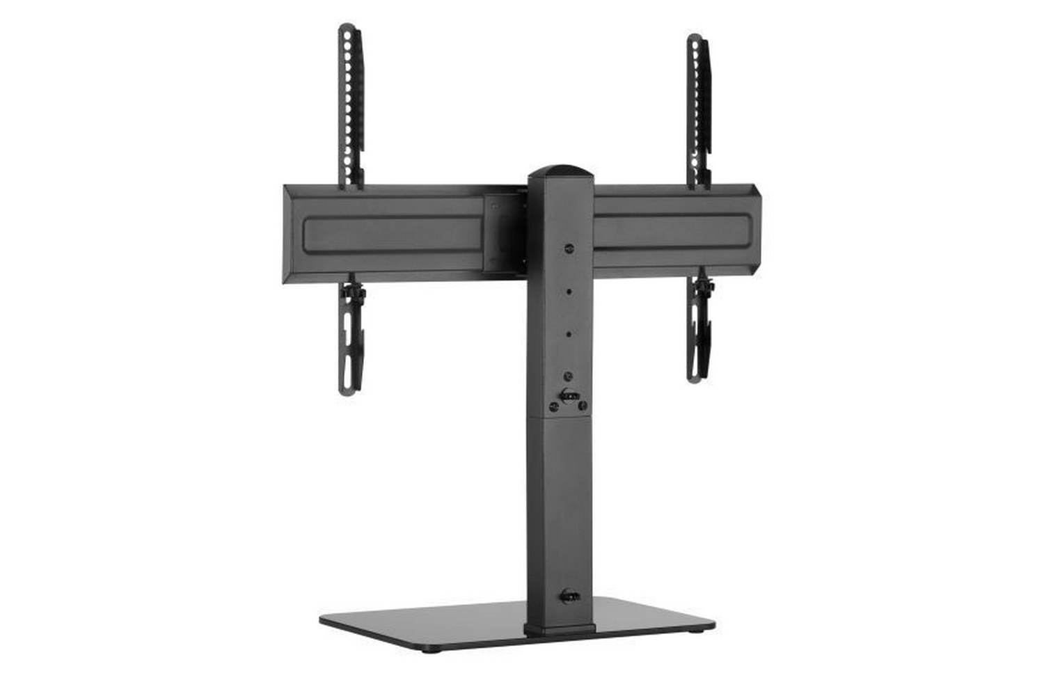 Un supporto TV nero con supporto verticale e bracci di montaggio, isolato su bianco.