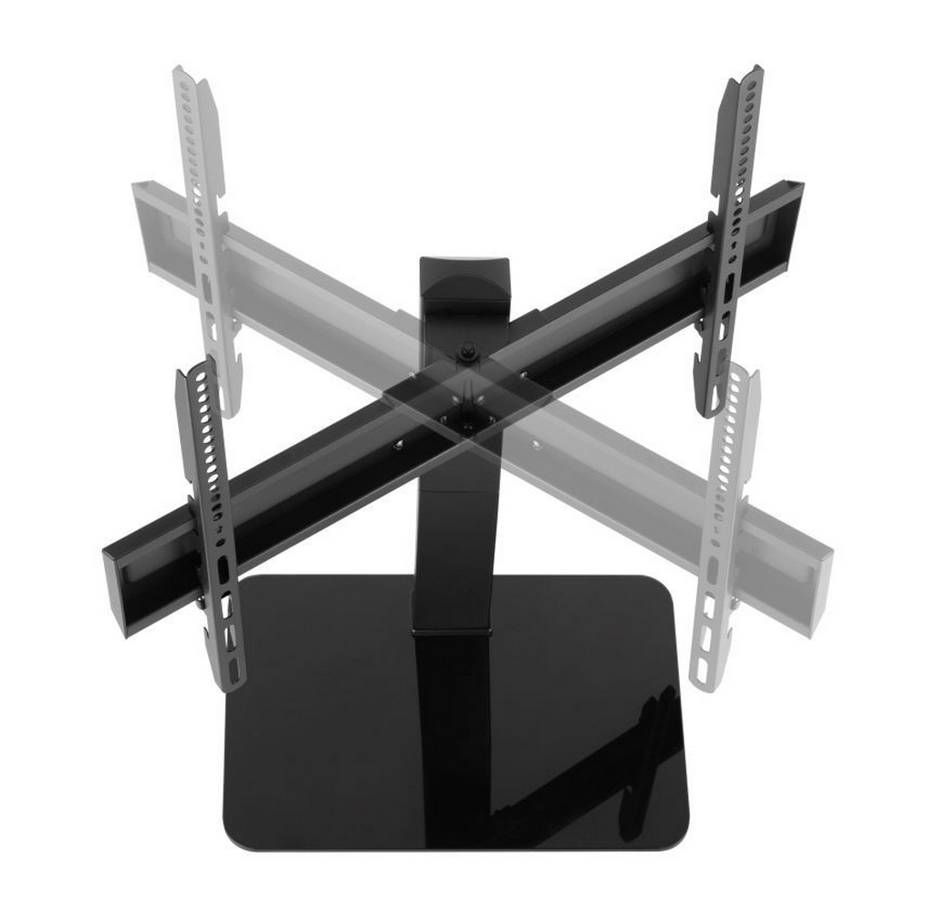 Supporto TV nero con base quadrata. Il supporto è su sfondo bianco.