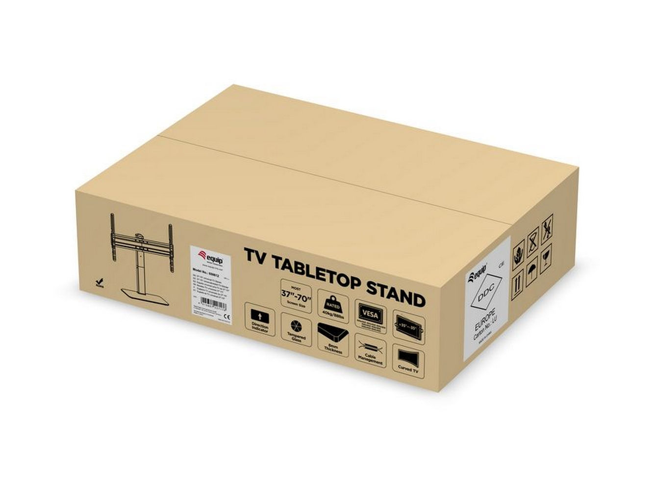 Una scatola di cartone con un supporto da tavolo TV, etichettata 'TV TABLETOP STAND'.
