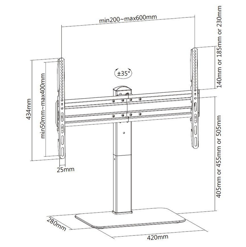 Un diagramma di un supporto TV che mostra le dimensioni in millimetri.