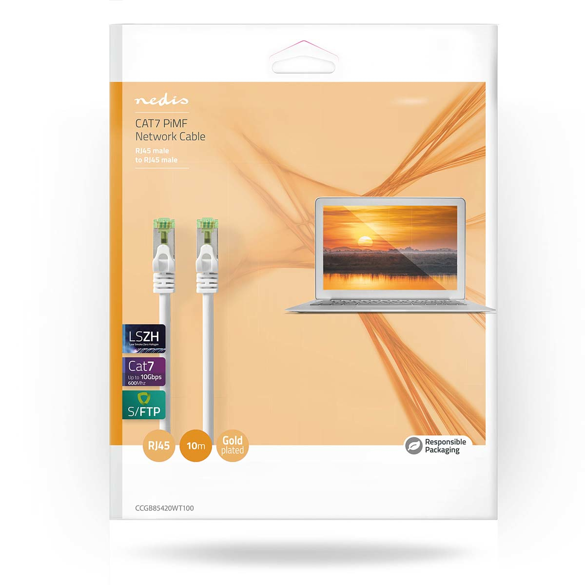 Białe opakowanie z dwoma kablami sieciowymi RJ45 i obrazem laptopa. Kable są białe.