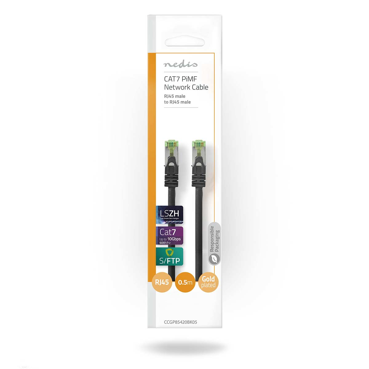 Confezione di cavo di rete nera con connettore RJ45 a punta verde.