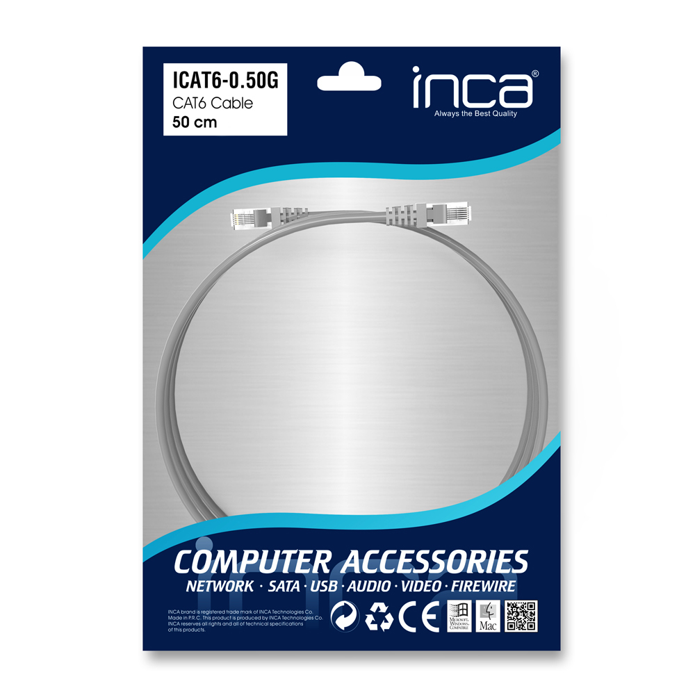 Un emballage de câble réseau CAT6 avec la marque 'inca' et les détails du produit.