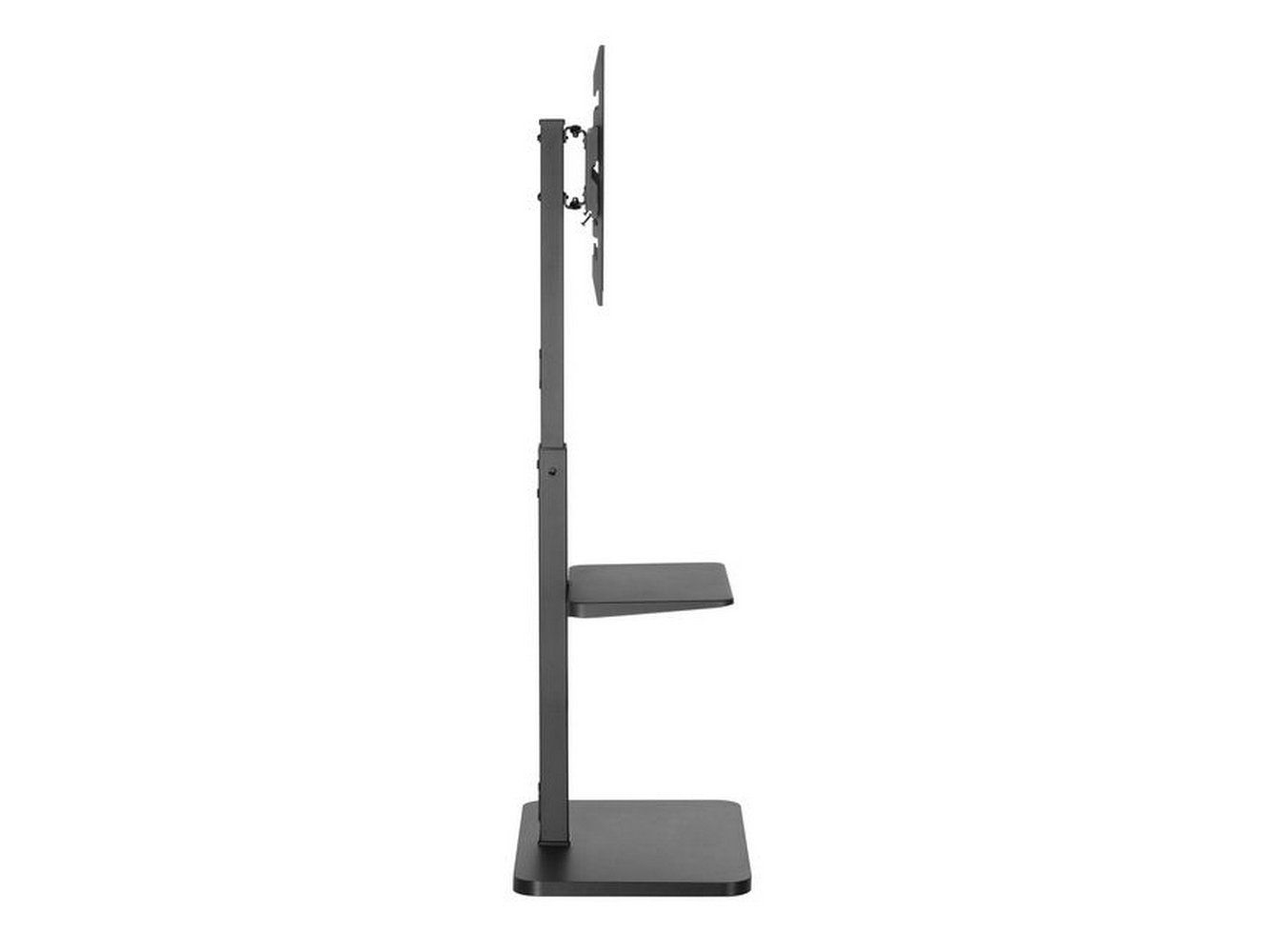 Una vista laterale di un supporto TV nero con un ripiano. Il supporto è su sfondo bianco.