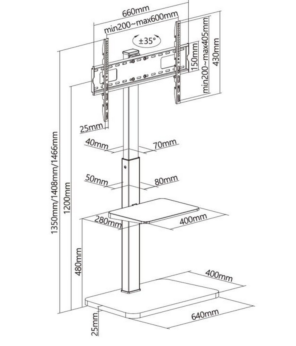 Un disegno tecnico di un supporto TV con dimensioni. Il supporto ha una base, una colonna e un ripiano.