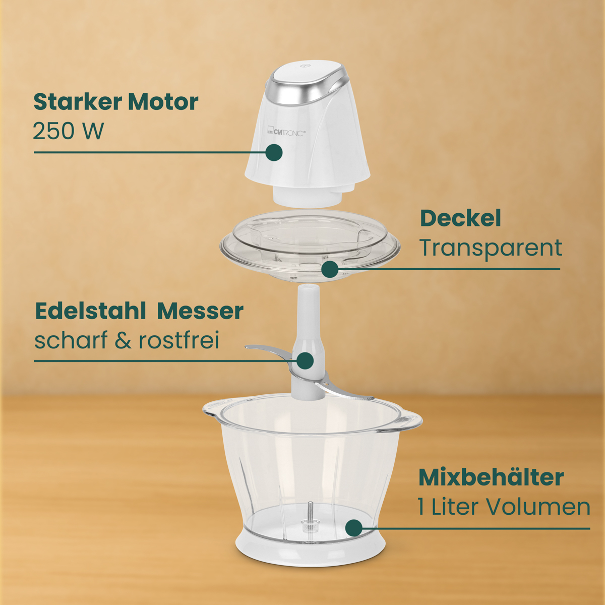 Weißer Zerkleinerer mit Etiketten, transparenter Schüssel und scharfer Klinge.