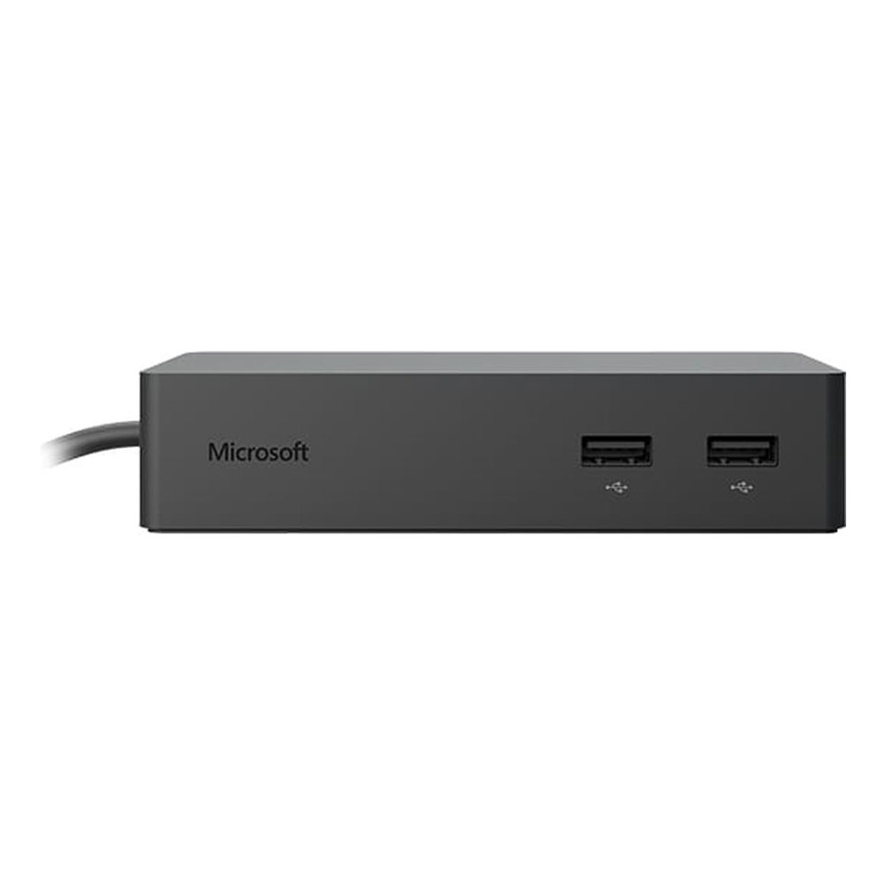 Schwarzer Microsoft Hub mit zwei USB-Anschlüssen. Er ist rechteckig, mit Kabel und Microsoft Logo.