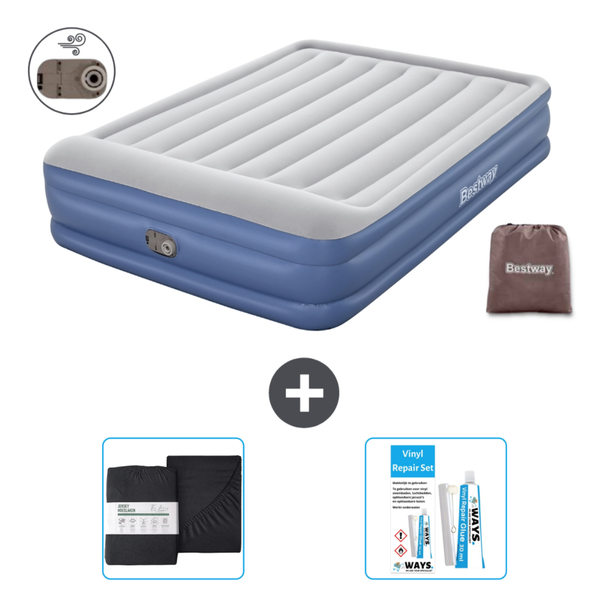 Un matelas pneumatique, marque Bestway, avec une pompe, un ensemble de draps et un kit de réparation.
