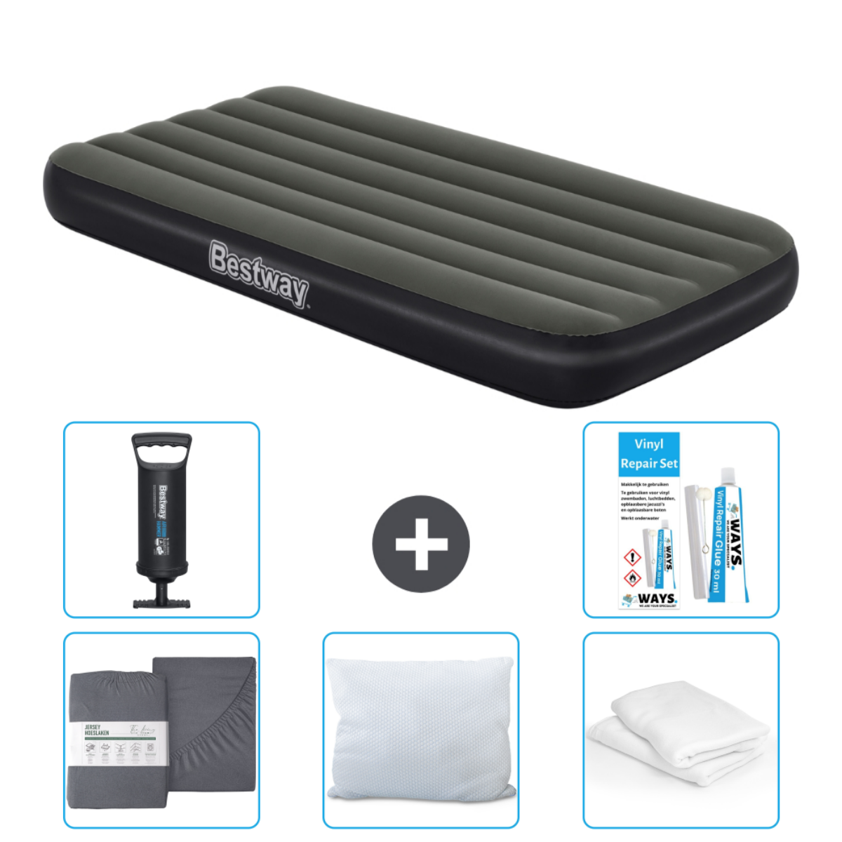 Un matelas pneumatique, une pompe, des draps, un oreiller et un kit de réparation, le tout sur fond blanc.