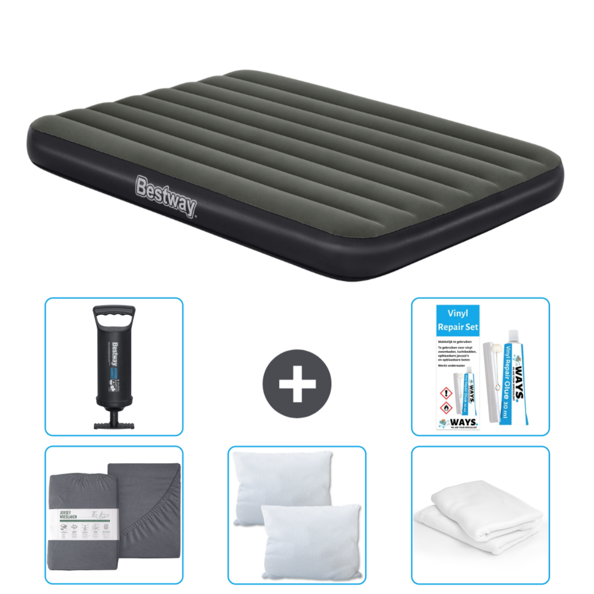 Donkergrijs Bestway luchtbed met pomp, reparatieset, lakens en kussens.
