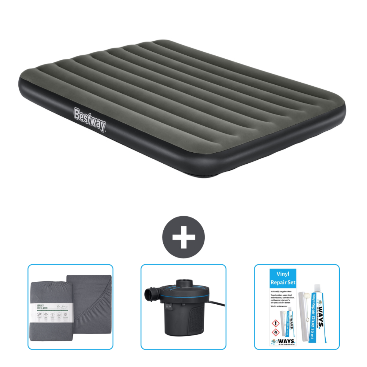 Matelas gonflable gris Bestway avec accessoires: draps, pompe et kit de réparation.