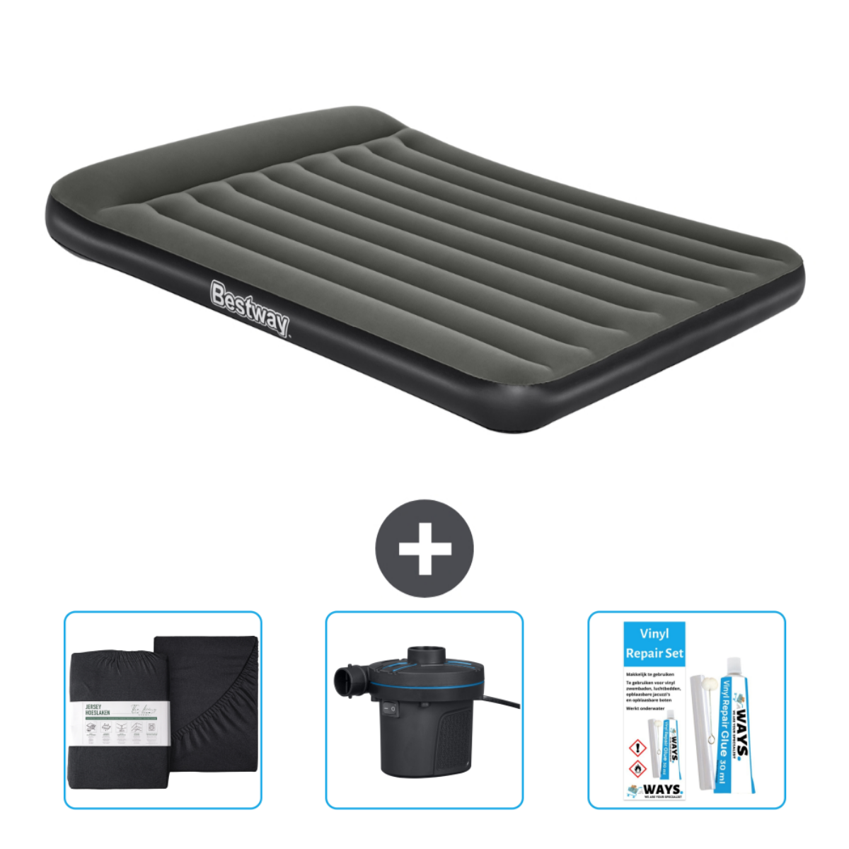 Bestway luchtmatras met pomp, reparatieset en lakens.