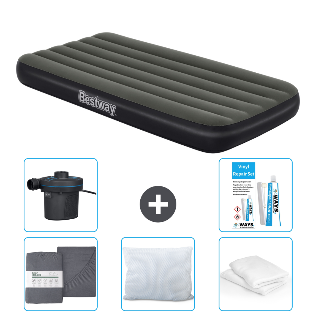 Opblaasbaar Bestway luchtbed met accessoires: pomp, reparatieset, lakens en kussen.