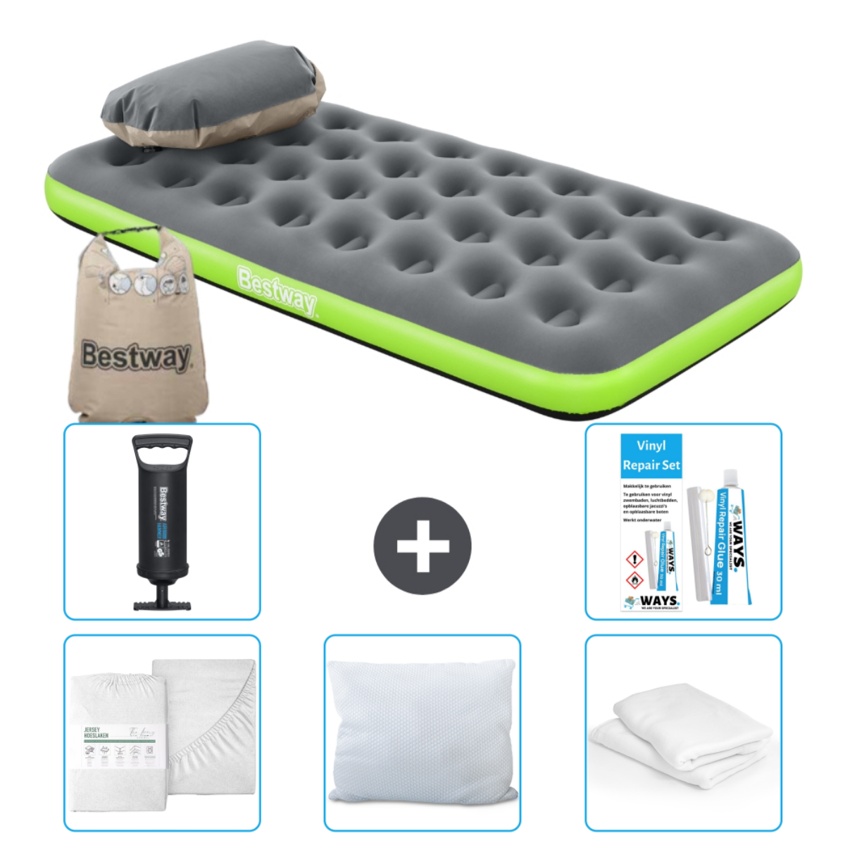 Ensemble matelas gonflable Bestway avec oreiller, pompe, kit de réparation, draps et sac.