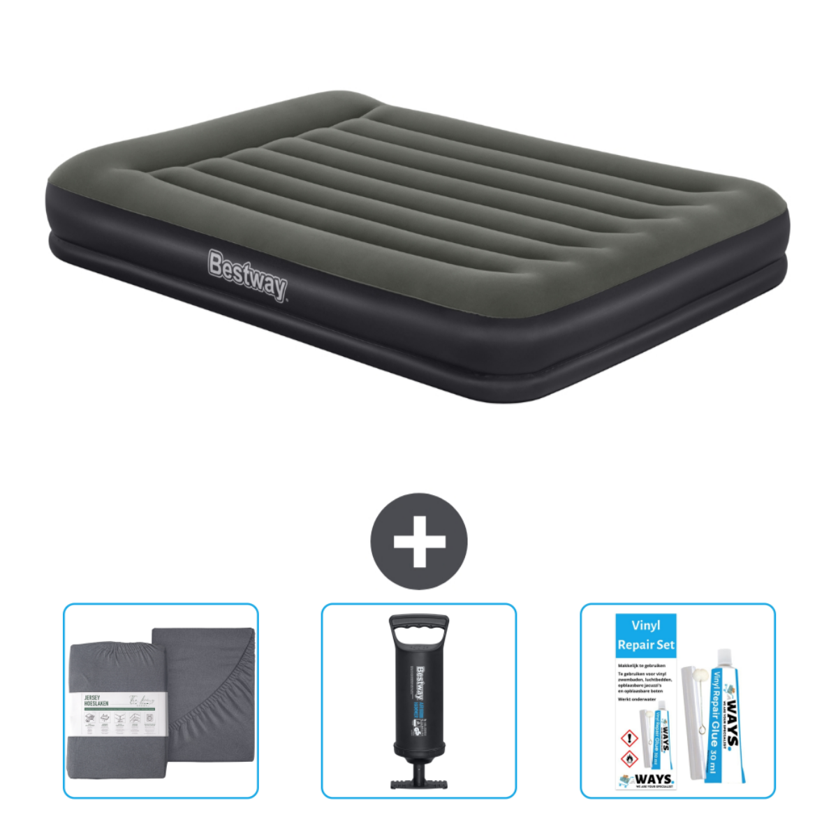 Grijze opblaasmatras met een Bestway-logo, naast een hoeslaken, een pomp en een reparatieset.
