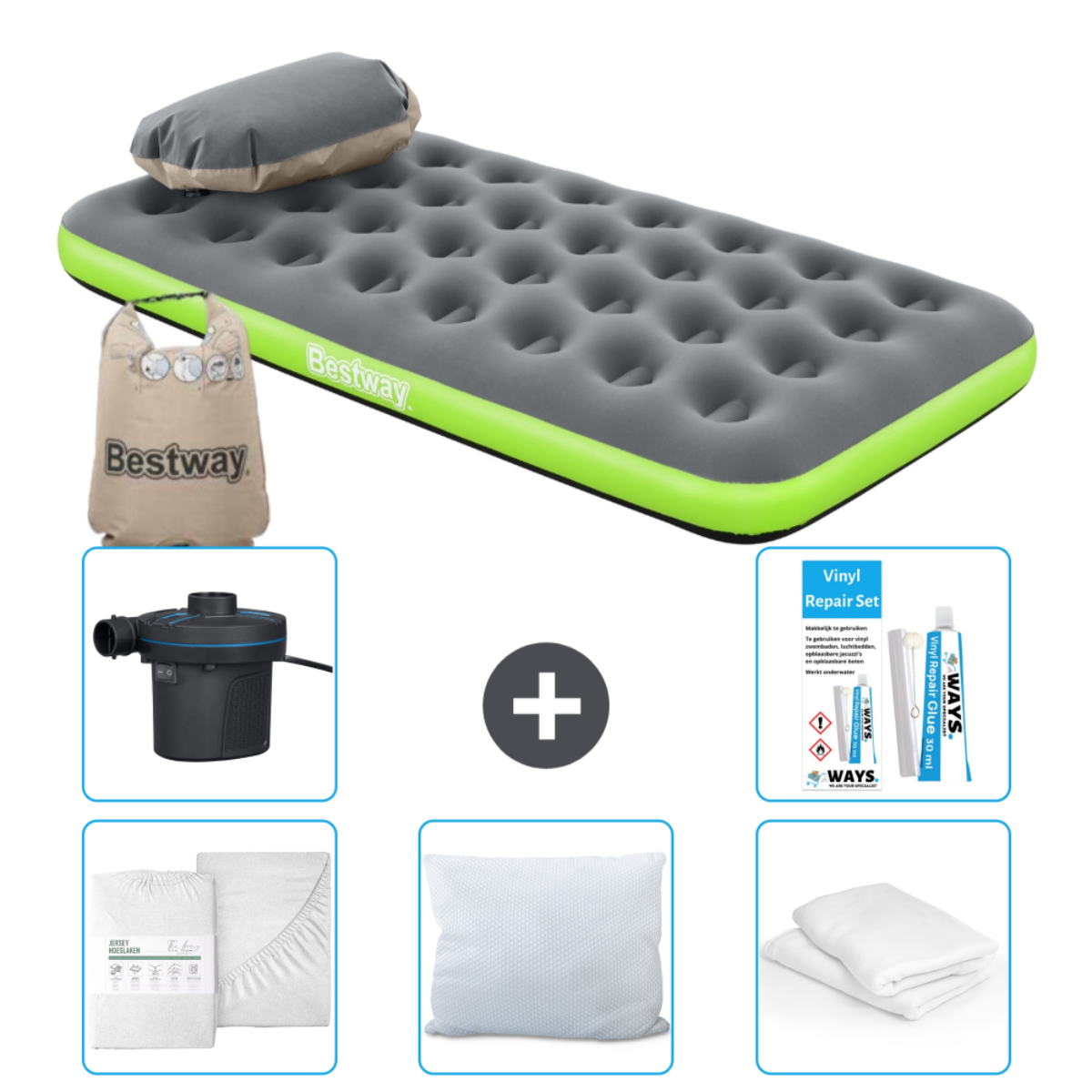 Luchtmatras, kussen, Bestway-tas, pomp, reparatieset, lakens en kussenset.
