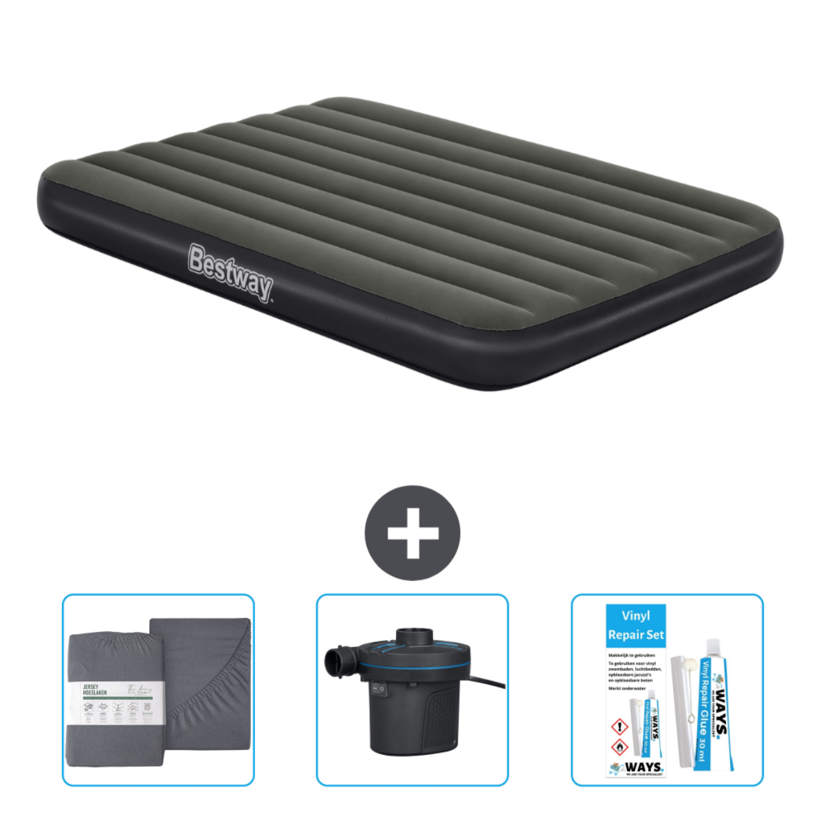 Matelas gonflable gris Bestway, draps, pompe et kit de réparation.