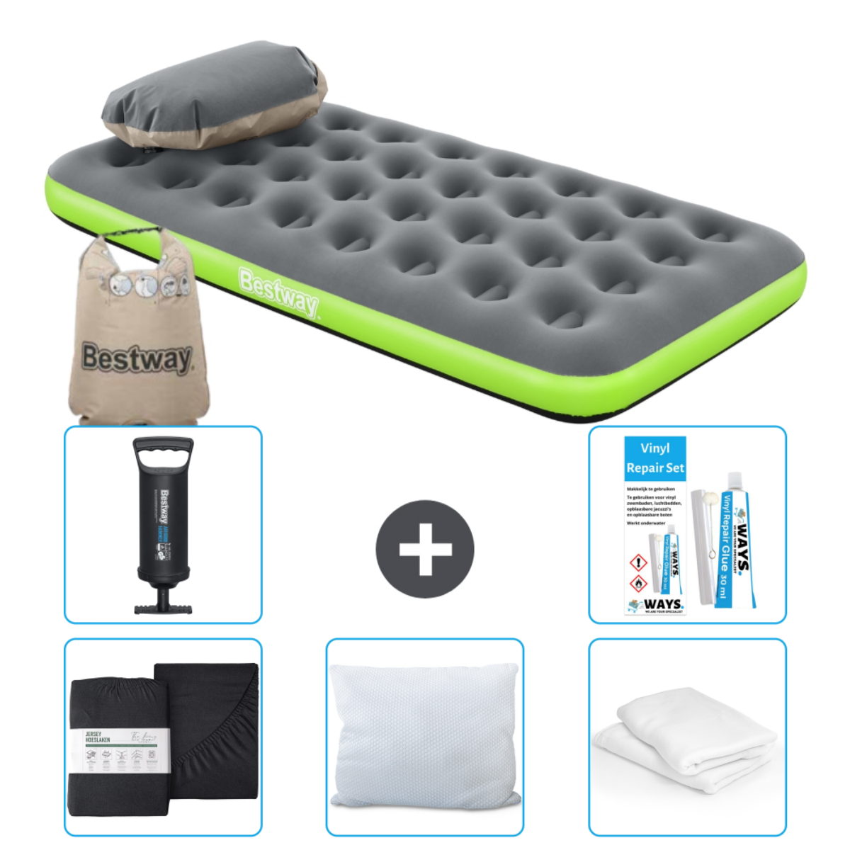 Een opblaasbare matras met accessoires. Inclusief een Bestway-matras, kussen, pomp, reparatieset en lakens.