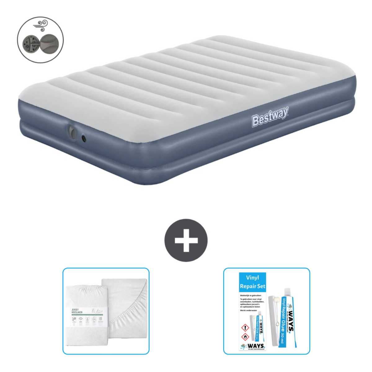 Un matelas gonflable avec un dessus blanc et des côtés bleus. Il possède une pompe intégrée. Plus un ensemble de draps et un kit de réparation.