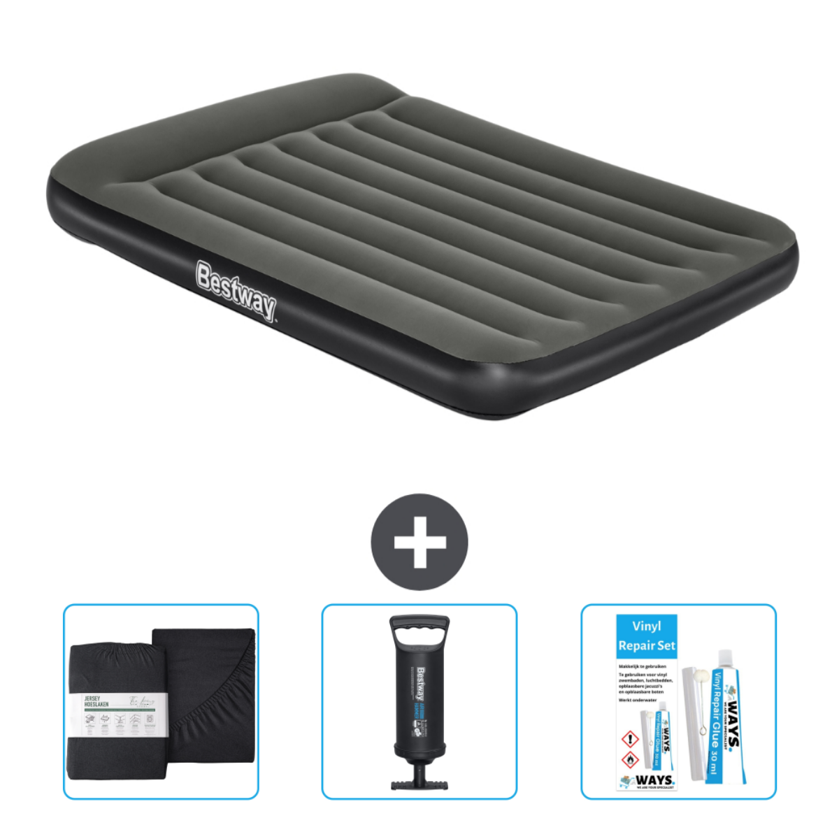 Een grijze opblaasbare matras met een Bestway-logo, een hoeslakenset, een pomp en een vinylreparatieset.