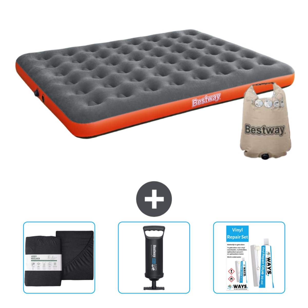 Grijs en oranje Bestway luchtmatras met pomp, lakens en reparatieset.
