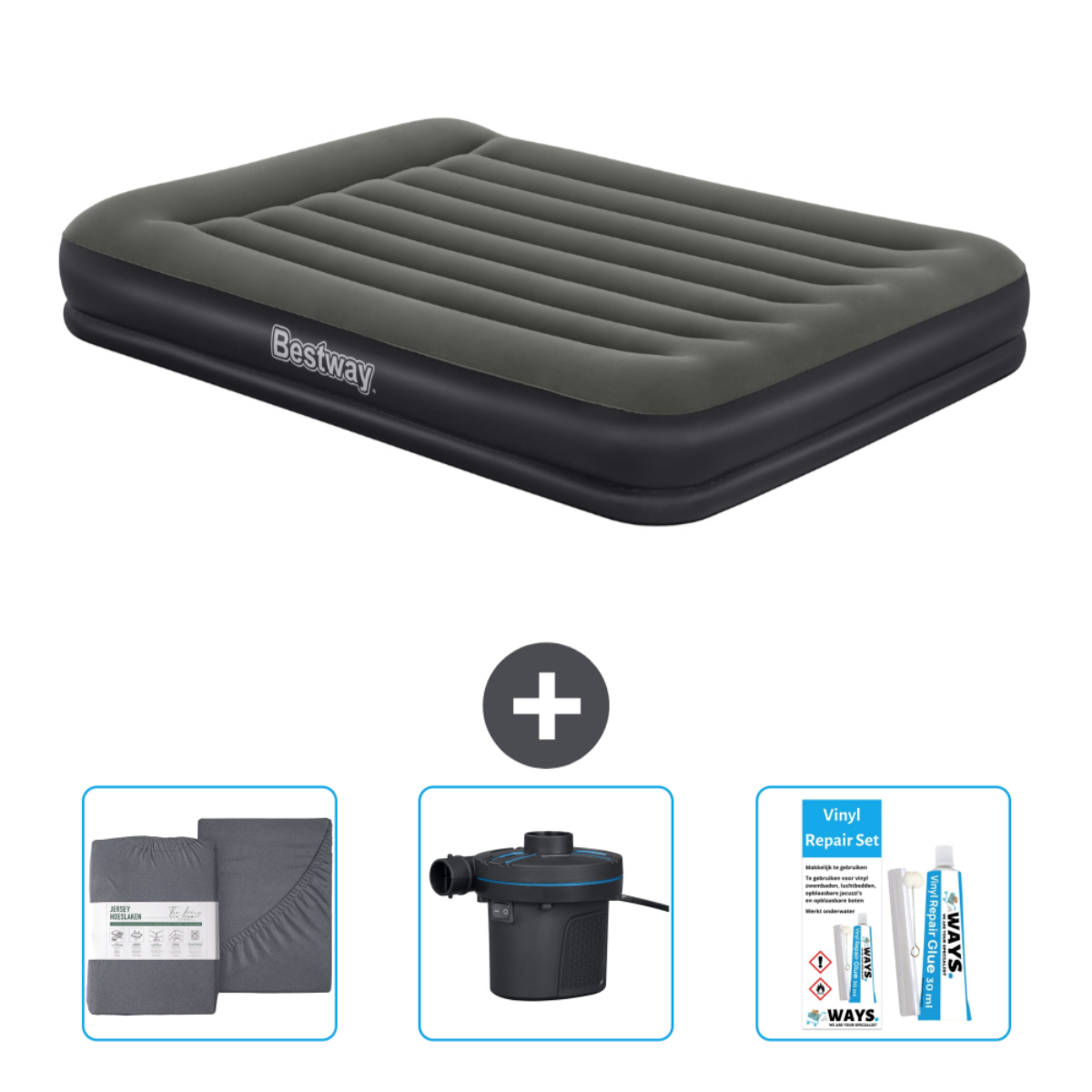Lit pneumatique gris Bestway avec parure de lit, pompe et kit de réparation. Le lit est sur fond blanc.