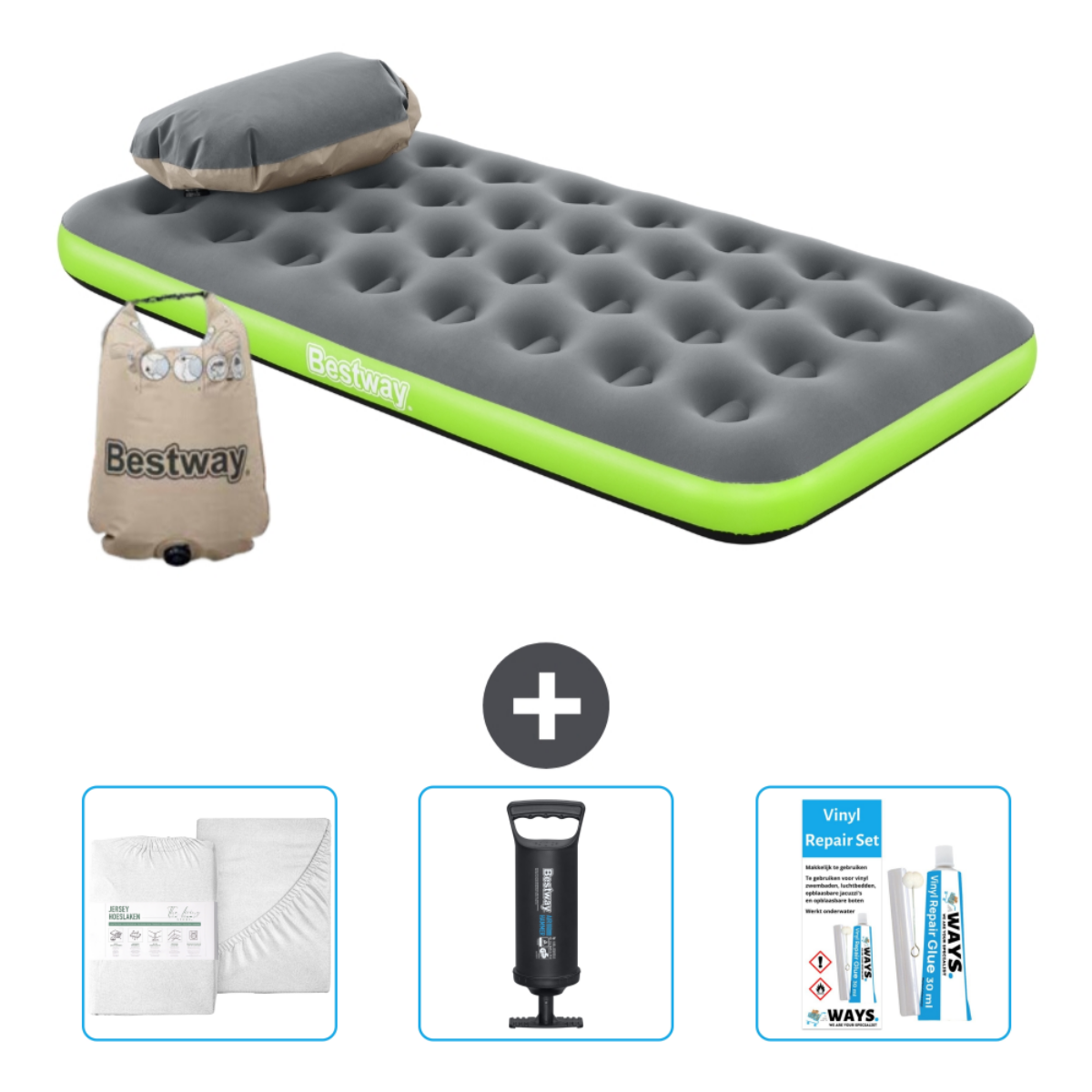 Matelas pneumatique gris avec bordure verte, pompe, ensemble de draps et kit de réparation, sur fond blanc.
