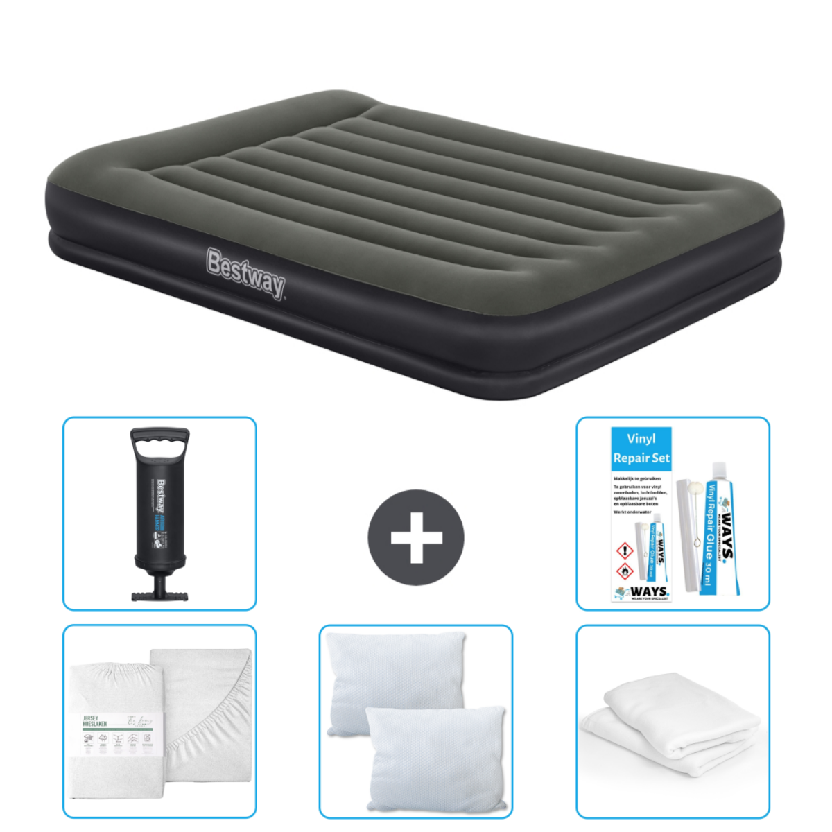 Luchtmatras, lakens, pomp, twee kussens en reparatieset op witte achtergrond. Alles is nieuw.
