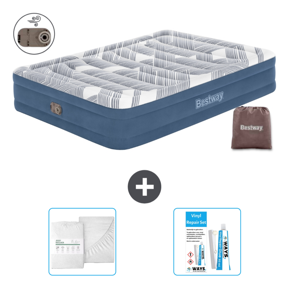 Luchtbed met wit en grijze strepen, merk Bestway, inclusief accessoires.