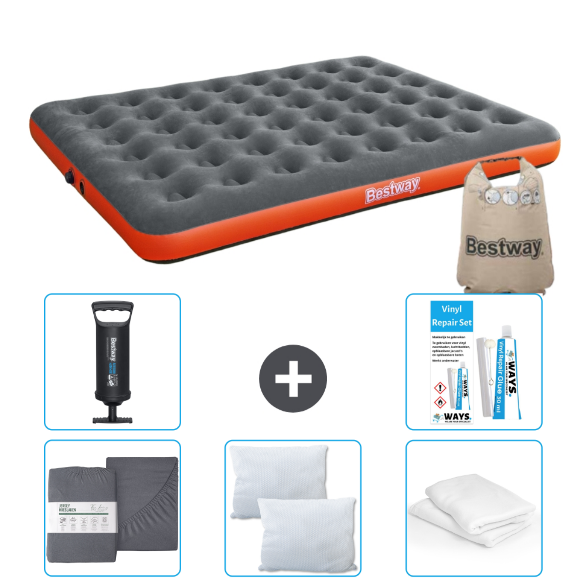Een luchtmatras met een grijze bovenkant en oranje zijkanten. Inclusief kussenset, pomp, lakenset en reparatieset. Witte achtergrond.