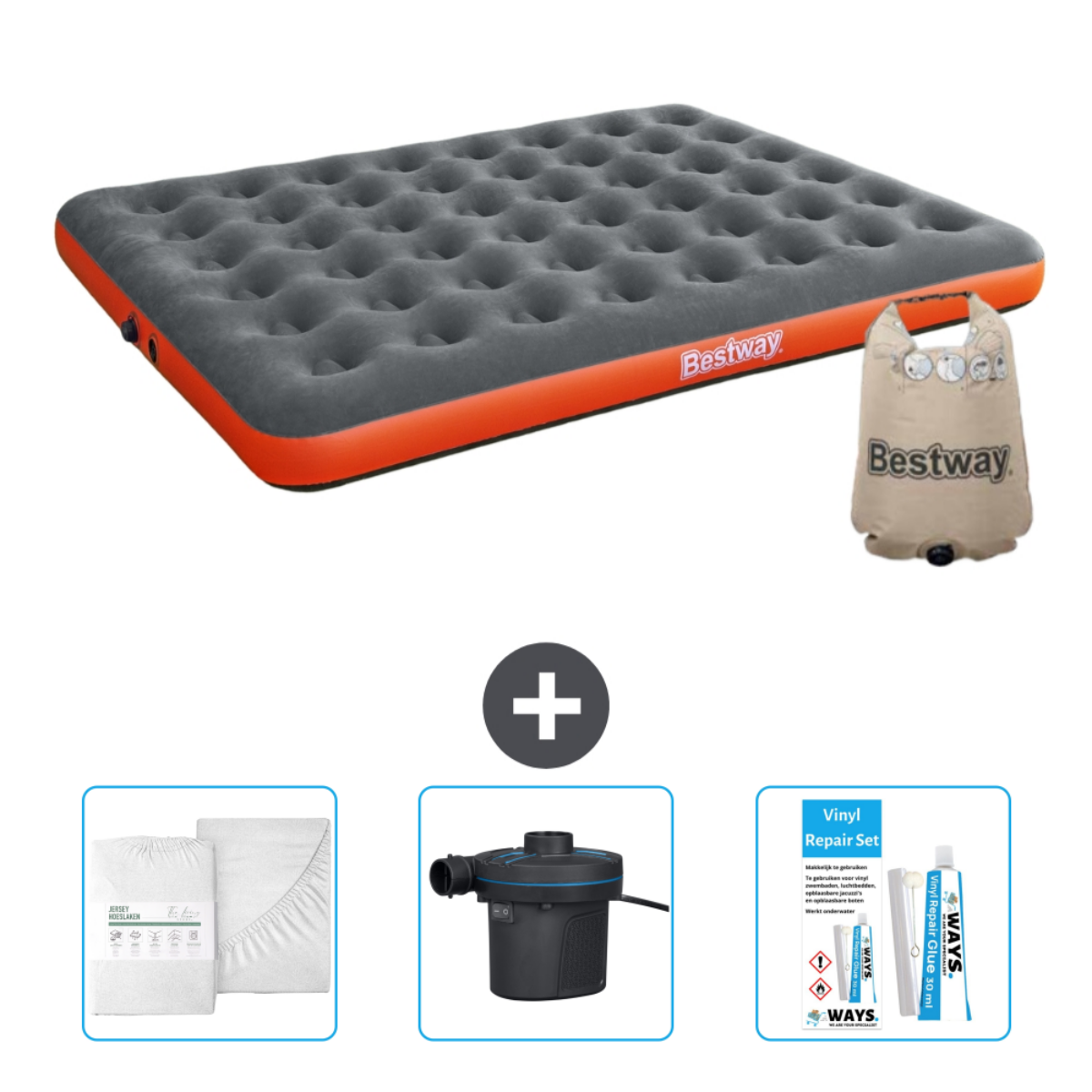 Matelas pneumatique, sac Bestway, kit de réparation, pompe et ensemble de draps.