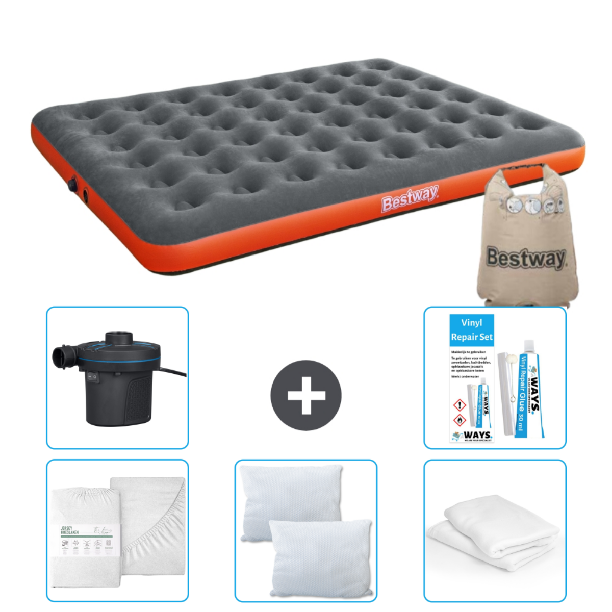 Luchtmatrasset met accessoires. Bevat matras, lakens, kussens, reparatieset, draagtas en pomp.