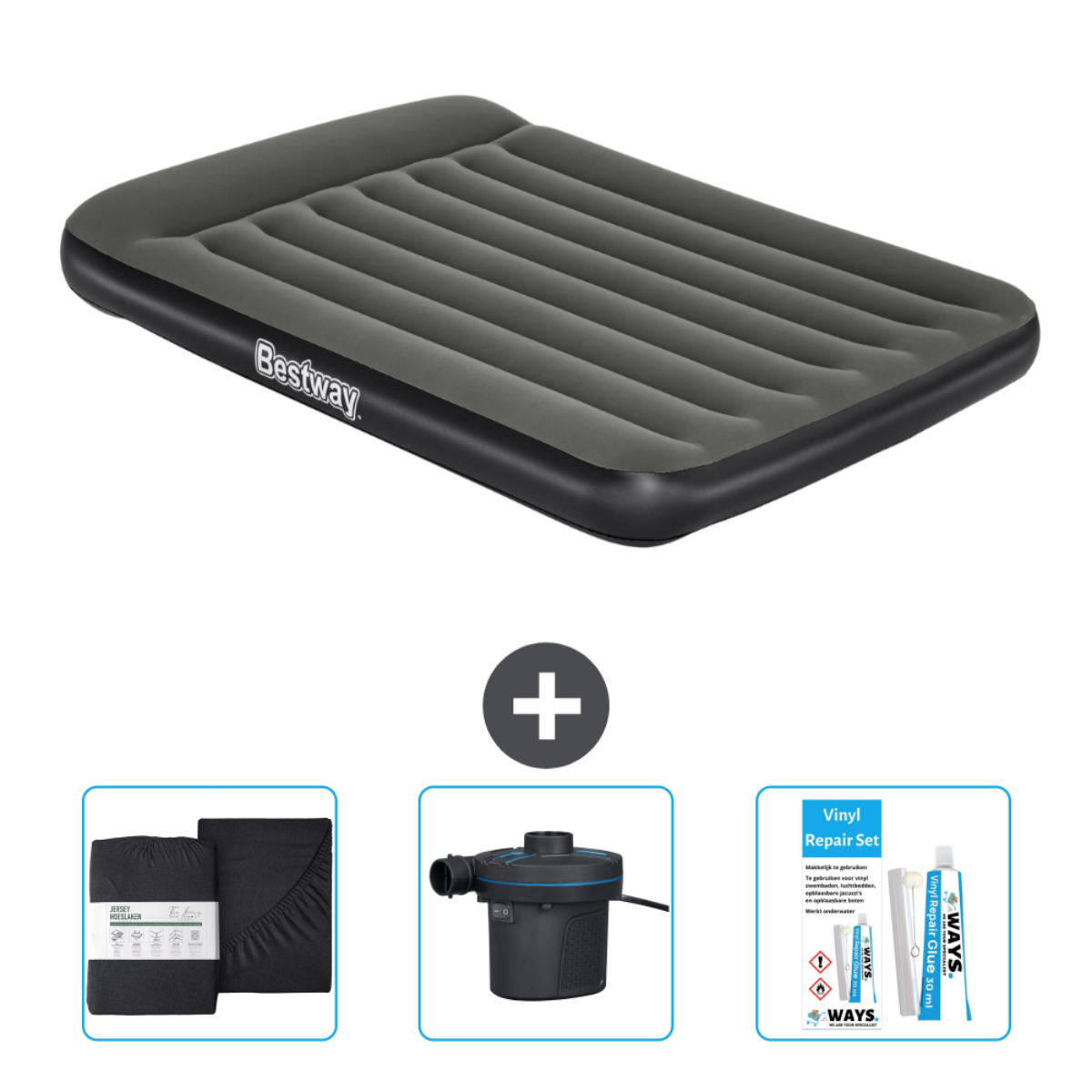 Grijs luchtbed van het merk Bestway met accessoires: pomp, laken en reparatieset.