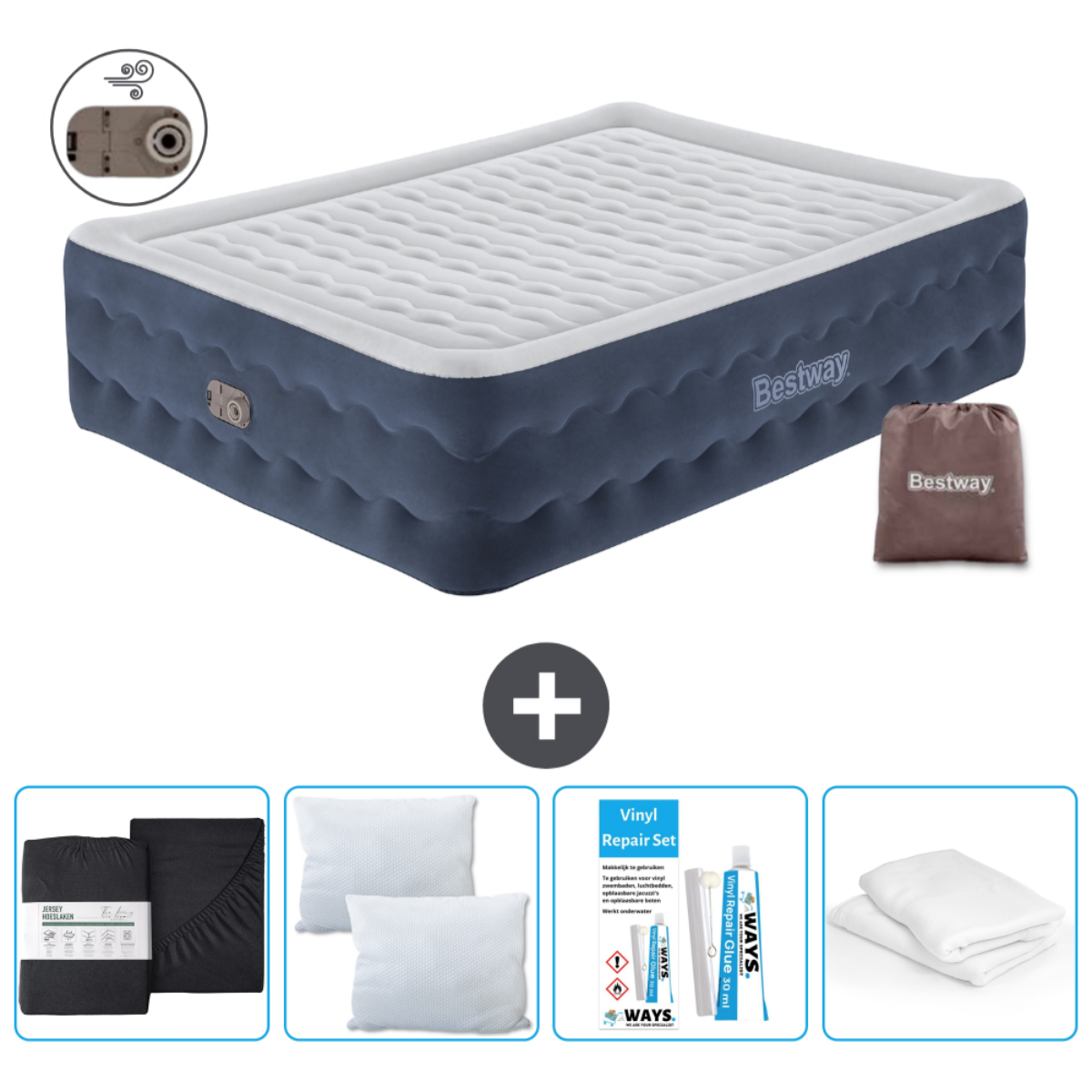 Matelas pneumatique, sac Bestway, pompe, kit de réparation, ensemble de draps et deux oreillers.